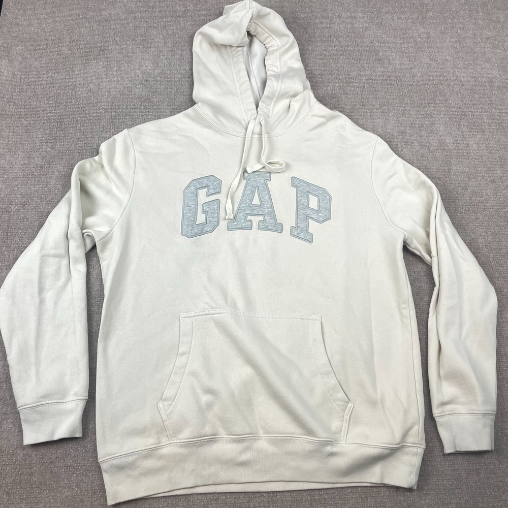 Gap Hoodie Mens L White Cotton Pockets Drawstring Fleece Lined Big Logo Pullover